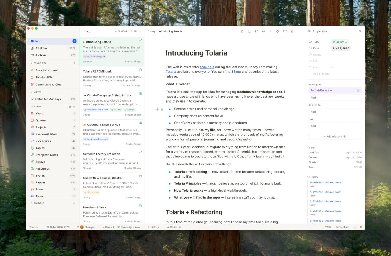 Tolaria: Free macOS Markdown Knowledge Base App Built with AI Agents
