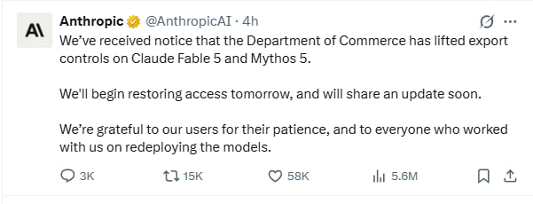Anthropic: США зняли експортні обмеження, доступ до Fable 5 відновлять