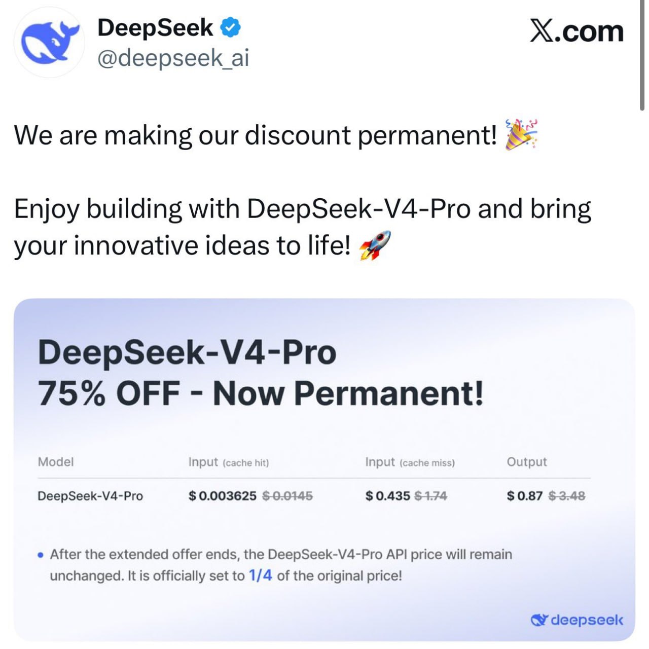 DeepSeek V4 Pro Price Cut: 75% Permanent Reduction & New Rates